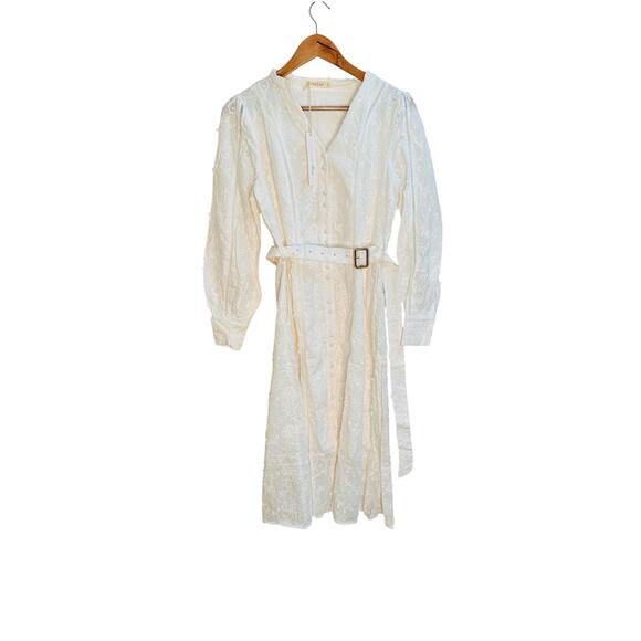 FRIEEAH White Embroidered Long Sleeve Belted Midi Dress Boho NWT - Picture 4 of 8
